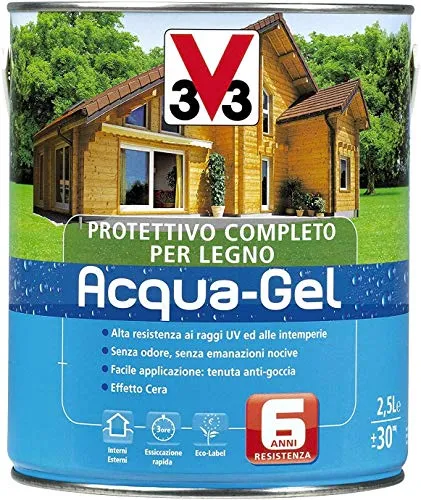 V33 Protettivo Completo Per Il Legno All'Acqua, Tenuta Anti-Goccia, Latta Da 2500 Ml, Resa 30 Mq Ca. Castagno Scuro