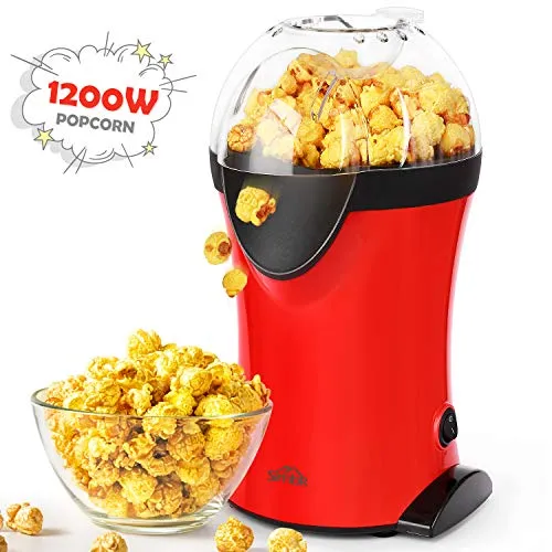 SIMBR Macchina per Popcorn, ad Aria Calda Macchina Popocorn Compatta Automatica con Pentola Antiaderente e Coperchio Amovibile, Senza Olio e Grassi, Operazione con Un Pulsante, 1200W(rosso)