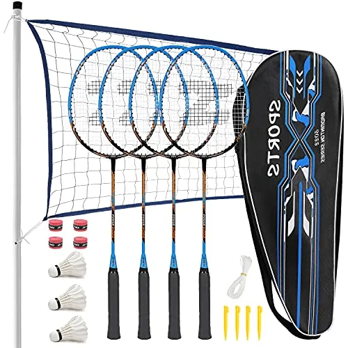 Fostoy Set di Racchette da Badminton, Racchette da Badminton Leggere in Fibra di Carbonio, Incluse 4 Racchette da Badminton e 3 Volani, 4 Overgrip, Set Completo da Badminton per Adulti