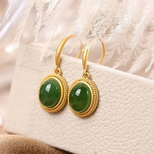 Nuovo Stile Antico Mestiere Dell'oro Naturale Hetian Giada Verde Orecchini Ovali Squisiti Gioielli in Argento da Donna di Lusso