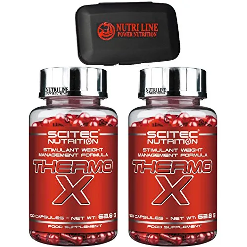 SCITEC NUTRITION THERMO X 200 CAPSULE (100 x 2 )POTENTE TERMOGENICO BRUCIA GRASSI BRUCIAGRASSI CON CARNITINA , GARCINIA CAMBOGIA E TIROSINA DIMAGRANTE FORTE + PORTAPILLOLE NUTRILINE