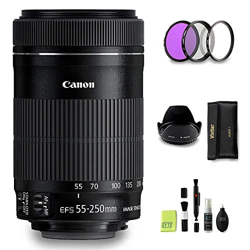 GYTE BUNDLE | Obiettivo Canon - EF-S 55-250mm f/4-5.6 IS STM - Teleobiettivo per Fotocamera Digitale Reflex + 3 Pezzi Kit di Filtri + Paraluce + Kit di Pulizia | Pacchetto Accessori Premium