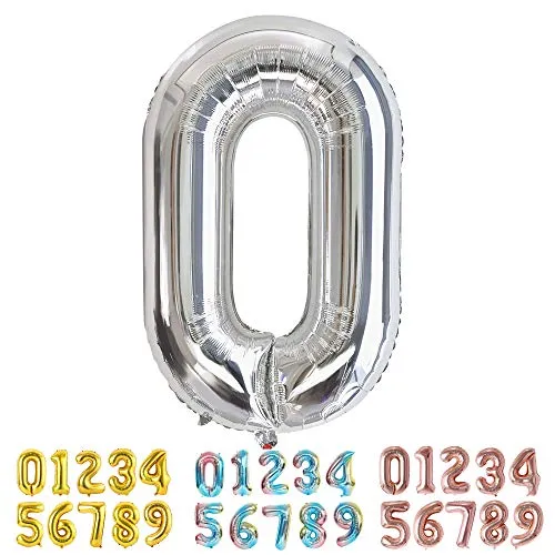 Ponmoo Foil Palloncini Numeri 0 Argento, Gigante Numero 0 1 2 3 4 5 6 7 8 9 10-19 20-29 30 40 50 60 70 80 90 100, Elio Pallone per Anniversario, Decorazione Feste di Compleanno Palloncino