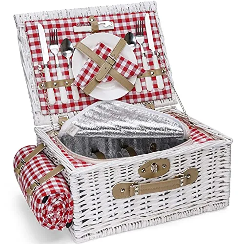 INNO STAGE - Romantico cestino da picnic in vimini per 2 persone, set di cestini in salice lavato bianco, con ampio scomparto termoisolante, coperta da picnic e kit di posate