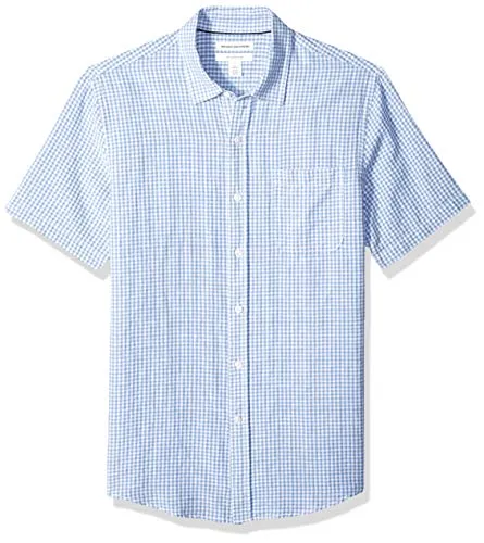 Amazon Essentials, camicia da uomo, a maniche corte, in lino, a quadretti, slim, Blue Gingham, US XXL (EU XXXL - 4XL)