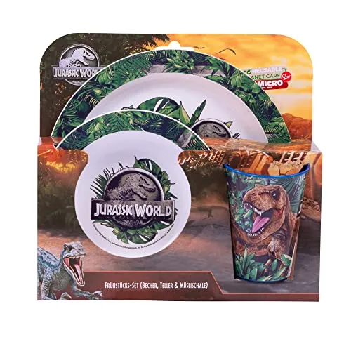 Jurassic World - Set colazione con motivo dinosauro, set da 3 pezzi con piatto, ciotola per cereali e bicchiere, servizio per bambini in plastica Multicolore