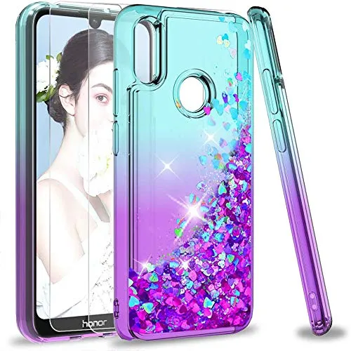 LeYi Custodia Huawei Y6 2019/Honor 8A Glitter Cover con Vetro Temperato [2 Pack],Brillantini Silicone Sabbie Mobili Bumper Case per Custodie Honor 8A/Y6 2019/Y6 PRO 2019 ZX Turquoise Purple Gradient