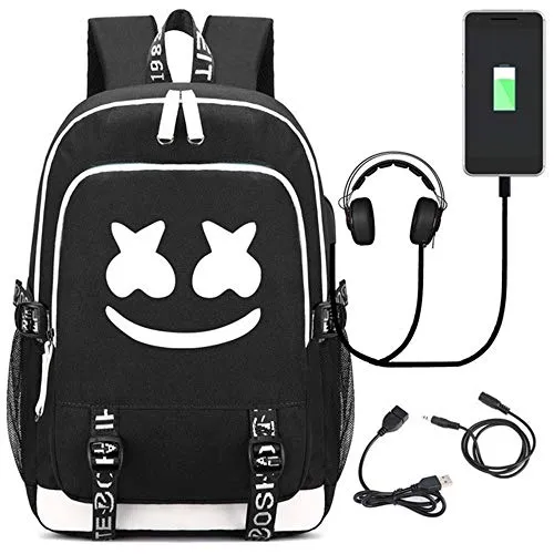 USAMYNA Zaino Luminoso Per Adolescenti School Bag 36L-55L Zaino USB Esterno e Porta Per Cuffie Borsa Da Viaggio Per Laptop (Smiley)