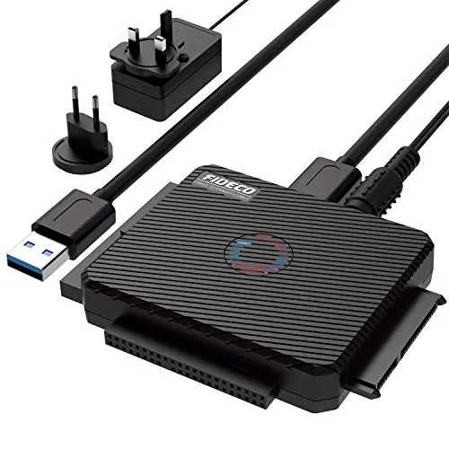 FIDECO USB 3.0 a IDE e SATA Converter Hard Drive Adattatore per 2,5" e 3,5”IDE/SATA HDD SSD, Incluso Adattatore di Alimentazione DC 12V 2A & Cavo USB 3.0