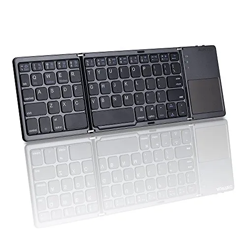 AURTEC tastiera pieghevole Bluetooth senza fili portatile con touchpad e batteria per PC, Tablet, Android, Smartphone, Grigio scuro (International keyboard layout)