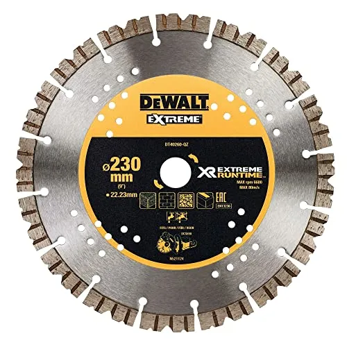 DEWALT DT40260-QZ - Disco diamantato per troncatore a batteria DCS690 diametro 230mm foro 22,23mm spessore del segmento 3mm altezza del segmento 12mm. Ideale per tagli su cemento e muratura