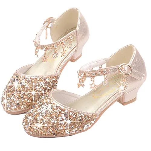 YOGLY Scarpe con Tacco Ragazza Ballerine Bambina Cerimonia Festa Lustrino Nozze Scarpe da Principessa Eleganti Danza Latina Bambini Tacco Sandali EU26-38