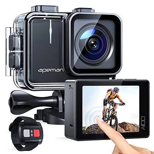 APEMAN Action Cam A100, Touch Screen Nativo 4K/50FPS 20MP WiFi Impermeabile 40M Fotocamera, Avanzato Sensore Super EIS Stabilizzata Videocamera, Telecomando con 2 1350mAh Batterie