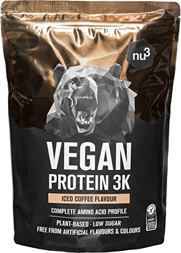 Proteine Vegane 3K - 1 Kg al gusto Caffé Freddo - Proteine in polvere dei piselli, semi del girasole e riso – Integratore a base di 4 componenti - 73% di proteine - Informed Sport Certified - da nu3