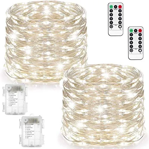 2 Pezzi Stringa Luci LED a Batteria, Catena Luminosa 10m 100LED con Filo Rame Ghirlanda Impermeabile Lucine LED Decorative per Camere da Letto Giardino Casa Feste Natale Matrimonio (Bianco)