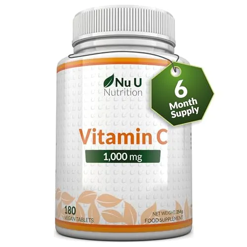 Vitamina C 1000mg Pura Alto Dosaggio - 180 Compresse Vegane - 6 Mesi di Fornitura - Acido Ascorbico - Senza GMO - Integratori alimentari di Nu U Nutrition