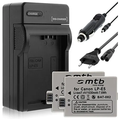 2 Batterie + Caricabatteria (Auto/Corrente) per Canon LP-E5 / EOS 450D, 500D, 1000D / Rebel T1i, XS, Xsi