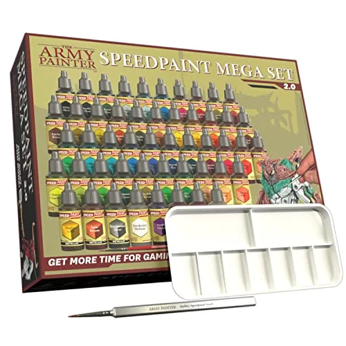 The Army Painter Speedpaint Mega Set 2.0 Combo - 50 Flaconi Di Vernice Acrilica 18ml Per Modellismo Incl. 1 Tavolozza Di Colori E 2 Pennelli Per Pittura Dell'esercito: Basecoat E Pennello Speedpaint