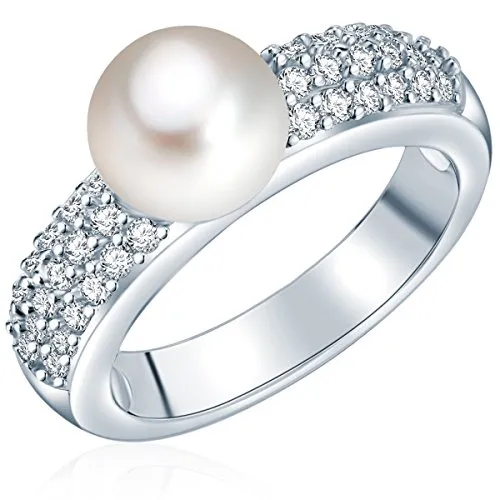 Valero Pearls Anello da Donna in Argento Sterling 925 con rodio con Perle coltivate d'acqua dolce bianco e Zircone bianco Taglia 18 60201417