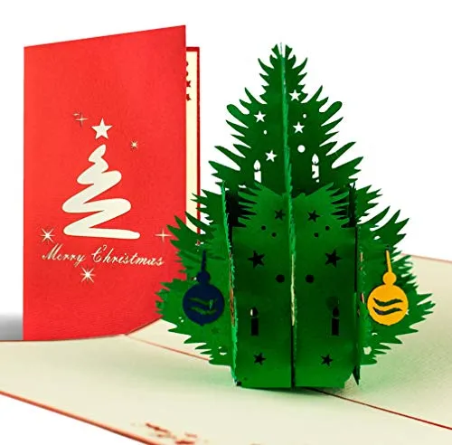 Biglietto di Natale con albero 3d a comparsa, fatto a mano, alta qualità, cartolina di auguri natalizi pop up, feste natalizie, busta inclusa, rosso e bianco