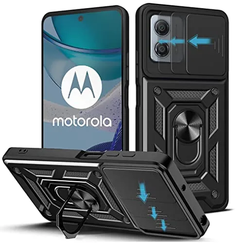 Loyhee Cover per Motorola Moto G53 5G / G23 4G / G13 4G, Custodia con Scorrevole Fotocamera Proteggi Supporto di Anello Rotante Hard PC Back Cover e TPU Bumper AntiGraffio Antiurto Case - Nero