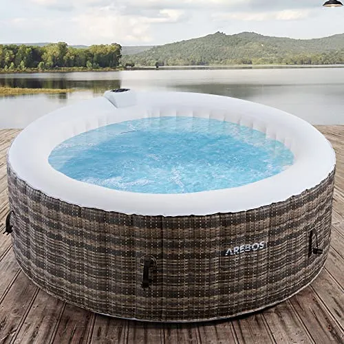 AREBOS Vasca idromassaggio Gonfiabile | ⌀180 cm | per Interni ed Esterni | 4 Persone | Rattan | 100 getti massaggianti | con Riscaldamento | 800 L | incl. Copertura | Bubble Spa & Wellness Massaggio