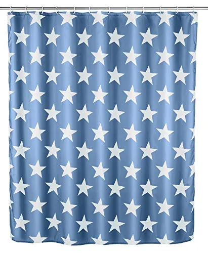 WENKO Tenda doccia Stella antimuffa, blu scuro - Antibatterica, lavabile, con 12 anelli per tenda da doccia, Poliestere, 180 x 200 cm, Blu
