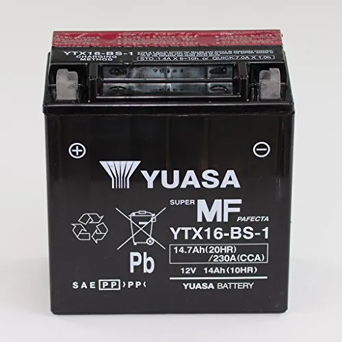 Batteria 12 V 14 Ah YTX16-BS-1, senza manutenzione Yuasa din 51491 per Fuoco 500 M61 | MP3 400 M591 | MP3 400 M642 – Lt | LT-A F AM41 A | LT-A F Vinson am41
