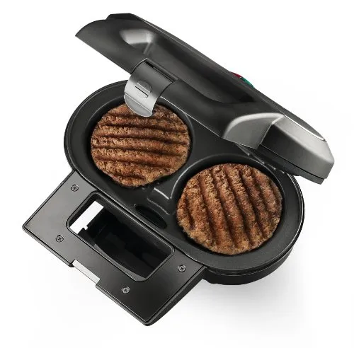 MACOM 856 Piastra antiaderente elettrica per cucinare, contempo- raneamente, 2 hamburger in pochissimi minuti e senza grassi, 1000 W, Nero/Argentato