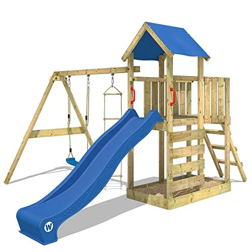WICKEY Parco giochi in legno FastFlyer Giochi da giardino con altalena e scivolo blu, Torre di arrampicata da esterno con sabbiera per bambini