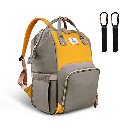 Pipi bear Zaino Fasciatoio, Zaino da Viaggio di Grande Capacità, Borsa per Pannolini per Neonati Multiuso con Tessuto Impermeabile e 3 Tasche Isolanti (Grigio scuro e Giallo)