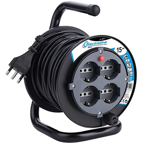 Electraline 49217 Prolunga Elettrica con Avvolgicavo 15 Mt 4 Prese Polivalenti (Schuko + 10/16A) Spina Grande 16A, con Protezione, Sezione 3G1,5 Mm², Nero / Blu, 15 M, Potenza massima cavo SVO 3200 W