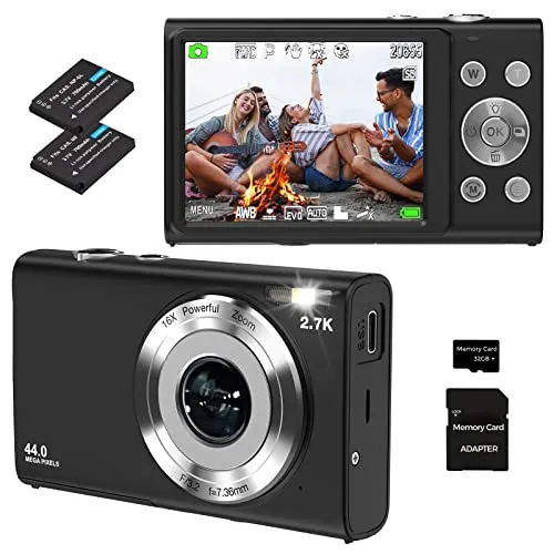 Fotocamere Digitali Compatte,Fotocamera Digitale 2.7K 44MP Macchina Fotografica Anti-Shake,Zoom 16x, Schermo IPS Multifunzione da 2,8 Pollici con 2 batterie 700mAh(Nero)