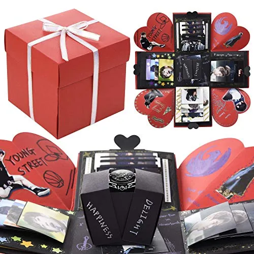 VEESUN Explosion Box Scrapbook, Album Foto Fai da Te di Scatola Sorpresa, Album Fotografico Idee Regalo per Matrimonio Festa della Compleanno Donna Uomo Maestra Bambina Ragazza, Nero e Rosso