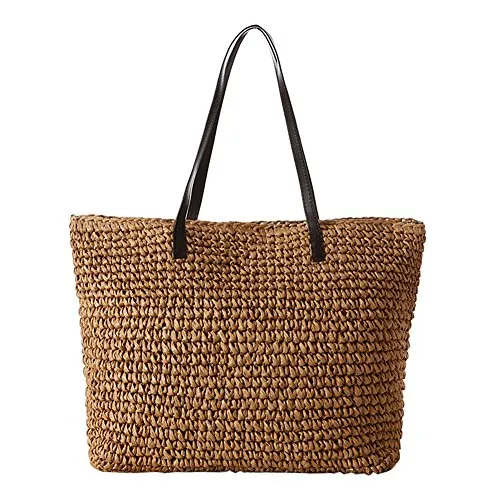 TININNA Donne Estate Elegante Semplice Borsa da Spiaggia Borse di Paglia Tempo Libero Vacanze Borsa A Tracolla Sacchetto Tote di Viaggio(Brown)