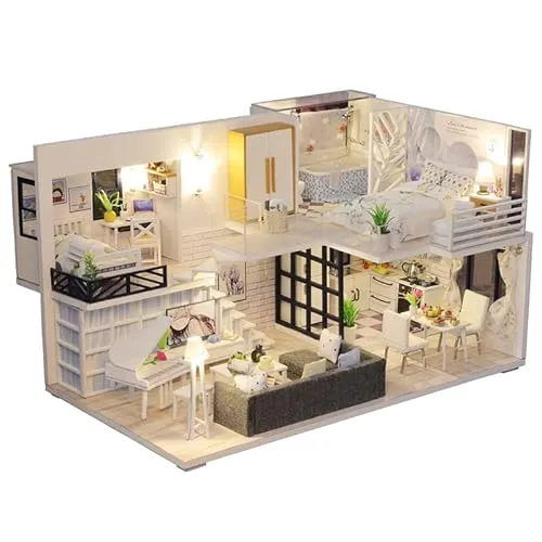 Fsolis Miniatura casa delle Bambole con mobili,3D Fai da Te Kit di Dollhouse di Legno Oltre a Prova di Polvere e Il Movimento della Musica Regalo Creativo Regalo per la Festa del papà