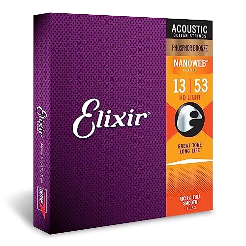 Elixir® Strings Phosphor Bronze Acoustic Guitar Strings w NANOWEB® Coating, HD Light (.013-.053)