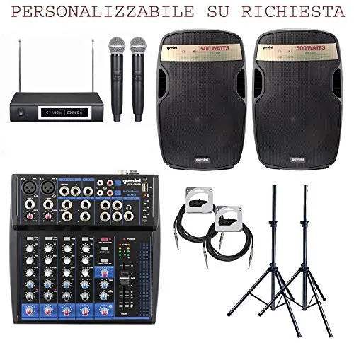 IMPIANTO AUDIO COMPLETO 832 PACK (diffusori, mixer, radiomicrofoni, supporti e cavi) per pub, discobar, karaoke, ecc