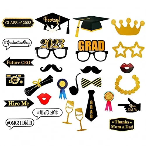 Getervb 28 Pezzi Graduation Photo Booth 2023 Photo Booth Props Mustache Cappelli Labbra con Bastoncini Carta Punti Colla Graduation Party Decoration