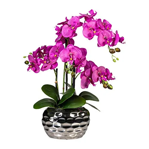 Wohnfuehlidee - Pianta artificiale Phalenopsis (orchidea), colore viola, vaso ovale argentato, altezza 55 cm