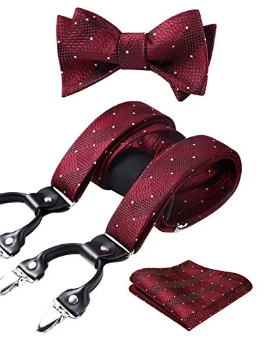 HISDERN rosso Bretelle uomo e papillon fazzoletto set eleganti con 6 clips Forma a Y plaid Regolabile di e Elastica bretelle lavoro