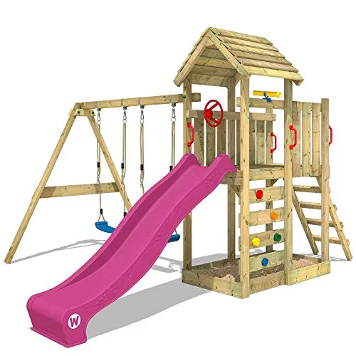 WICKEY Parco giochi in legno MultiFlyer tetto in legno, Giochi da giardino con altalena e scivolo viola, Casetta da gioco per l'arrampicata con sabbiera e scala di risalita per bambini