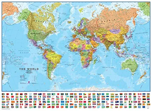 Maps International - Mappa del mondo con bandiere, laminato, 84,1 cm (larghezza) x 59,4 cm (altezza).