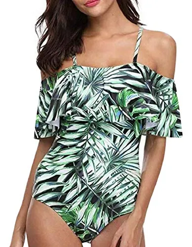 Yuson Girl Ruffle Bandeau Bikini Donna Vita Alta, Costume Interi Donna, One Piece Costumi da Bagno Push Up Trikini Imbottito,Mare Costumi Swimsuit Stampa(Foglia Verde, XL)