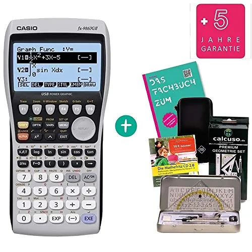 Set per il Secchione: Casio FX-9860GII + Custodia SafeCase + Manuale d'uso di Calcuso + Garanzia estesa a 60 mesi + CD di apprendimento (in tedesco)