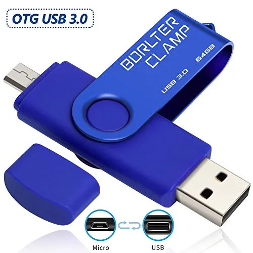 BorlterClamp 64GB Chiavetta USB 3.0, 2 in 1 Pen Drive (Micro USB e USB 3.0) OTG Memoria Flash, USB Flash Drive Girevole per Android Smartphone/Tablet/Computer (Blu)