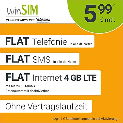 Telefono cellulare WinSIM LTE All 3 GB + 1 GB – senza tempo di contratto (FLAT Internet 4 GB LTE con max. 50 Mbps con dati disattivabili, telefonia FLAT SMS e esteri UE, 5,99 euro/mese)