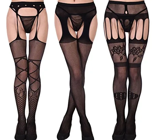 Donna Collant sexy calze con cinghe a rete, calzamaglia Nero 3 Pairs