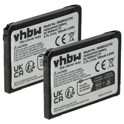 vhbw 2x batteria compatibile con Alan/Midland 777, PMR446, PMR446+ radio, Walkie Talkie (700mAh 3,7V Li-Ion) - Sostituisce Alan FB-777