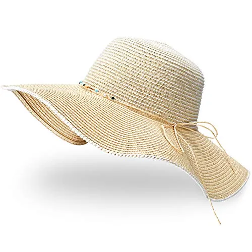 GIKPAL Cappello da Sole Donna, Cappello di Paglia Tesa Larga Cappello da Spiaggia Estivo Protezione UV Pieghevole con Sottogola Regolabile per Viaggi